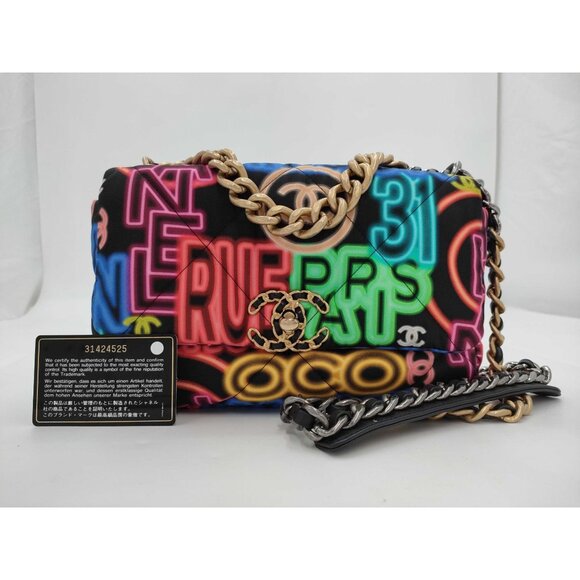 B-1. Chanel 19 Neon Logos Canvas Medium Flap Bag - Picture 5 of 10